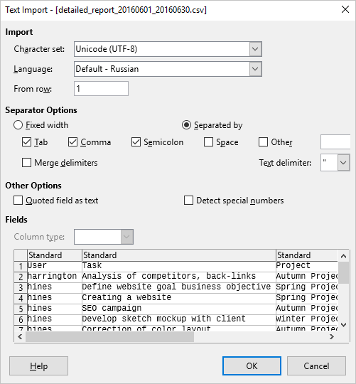 CSV report settings