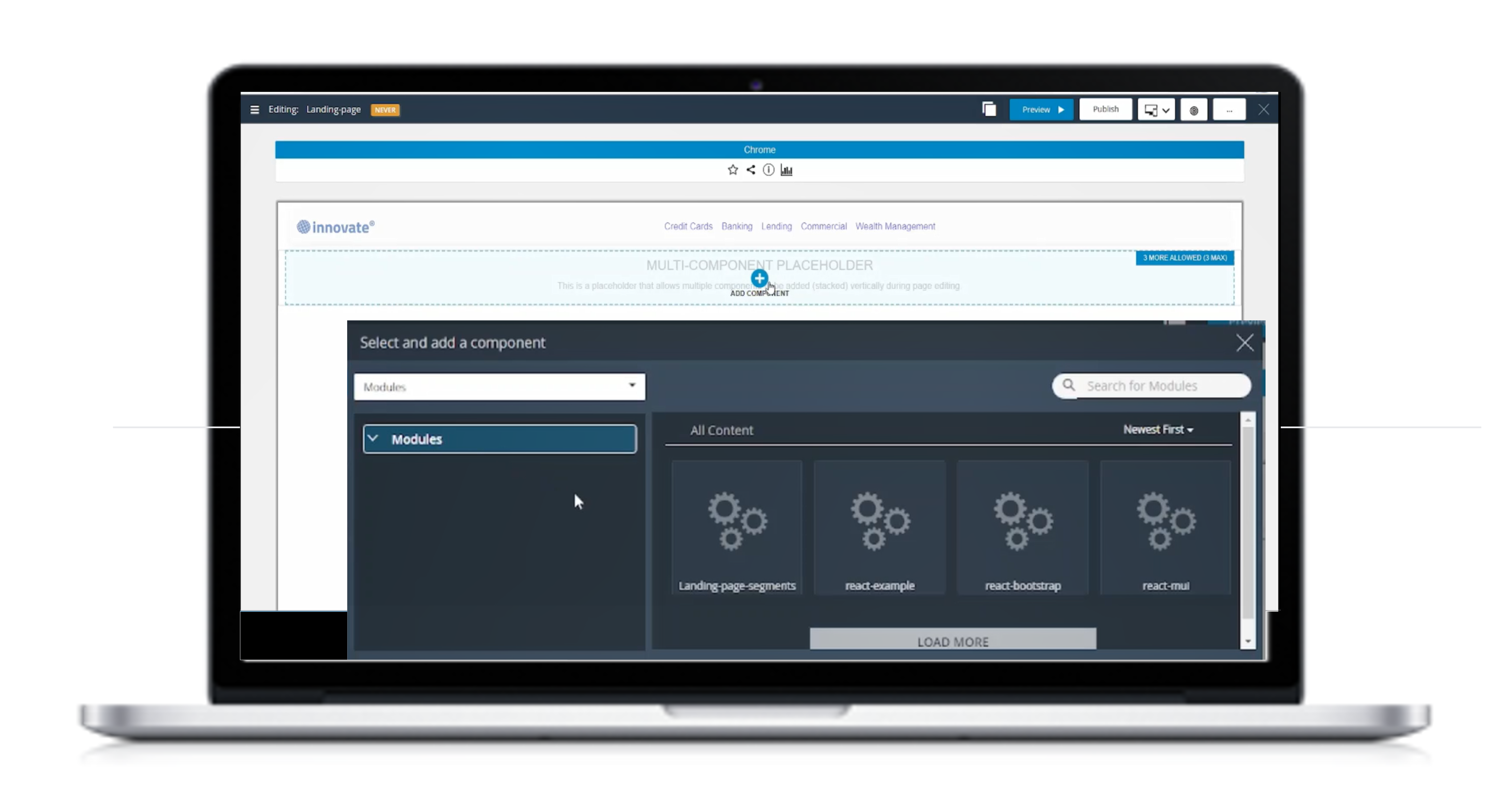 The screenshot shows how developers and marketing users can work with common components, being able to drag, drop and manage the interactive applications.