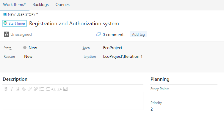 Locate timer button on an Azure DevOps Services work item